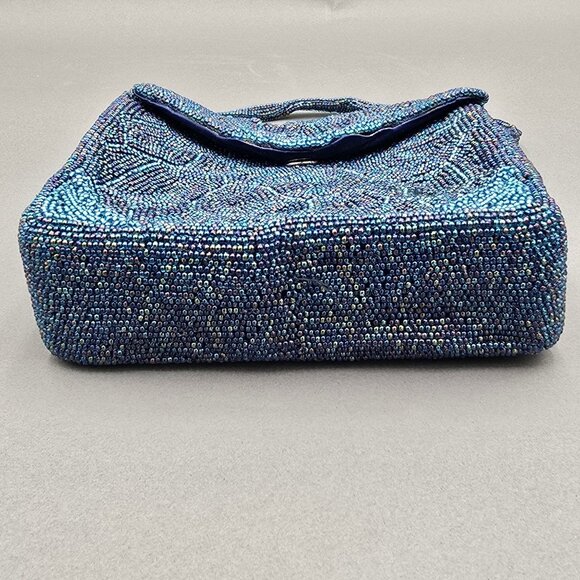 VTG Beaded Purse Made in Japan Blue Mosaic Iridescent Evening Bag Top Handle 60s - Picture 2 of 14
